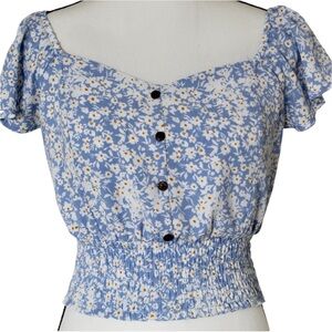 2/$30 Monteau - Blue Floral Flutter Sleeve Smocked Blouse Size S